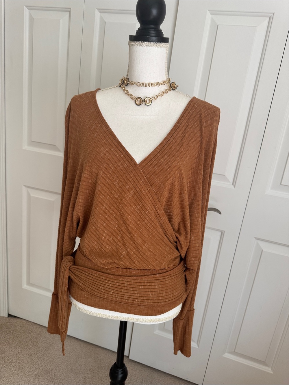 We The Free Ribbed Wrap Long Sleeve Top in Rust Brown